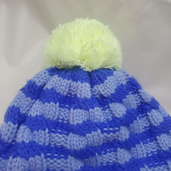 The North Face Kids Beanie Knit Green Blue Small Plush Earflap Pompom Striped - Picture 3 of 7